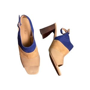 Vaneli Blue Tan Leather Color Block Square Toe Sling Back Heels